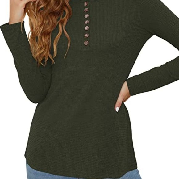 Waffle Knit Long Sleeve Blouse Slim Fit Button Down V Neck, army green XL - Picture 3 of 5